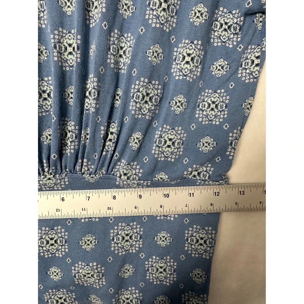 Free People Blue Medallion Print Ruched Button Front V-Neck‎ Blouse Top Womens M